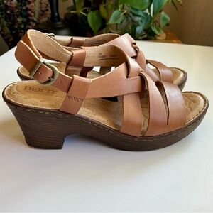 Born Carmo Tan Leather Wedge Strappy Sandals with Adjustable Ankle Strap